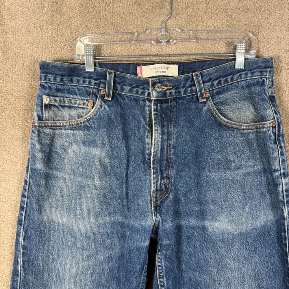 Levi's 505 Regular Fit Jeans Mens 36x34 Blue Denim Straight Leg Faded Distressed